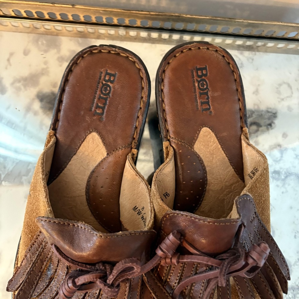 Born Shoes Womens Size 8 Brown Suede Clog Mule Platform Fringe Kiltie W2605 - Picture 3 of 8